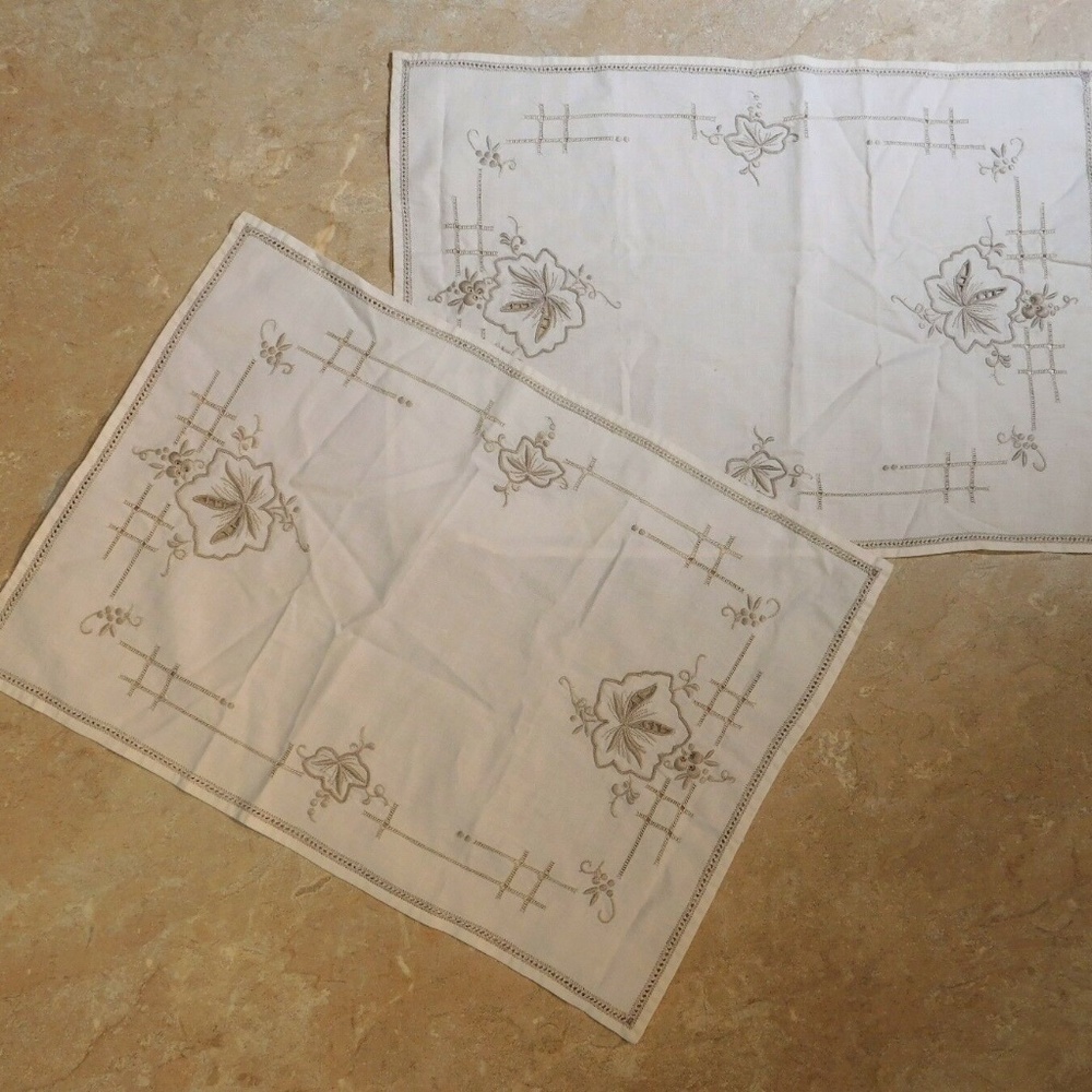 Two Ivory Cotton Embroidered Place Mats - Elegant!